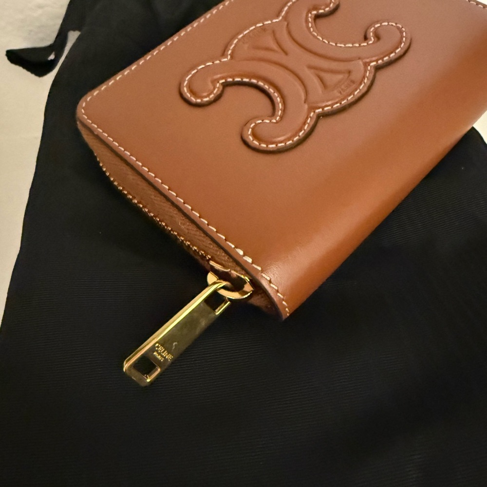 Celine Tan Leather Triomphe Zip Card Case with Gold Hardware